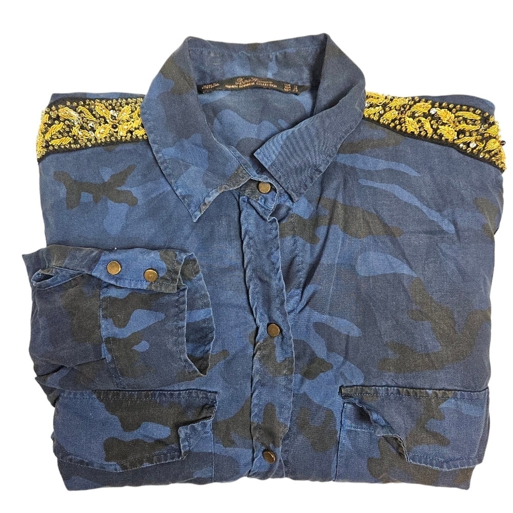Zara Camouflage Button Down Shirt with Yellow Details